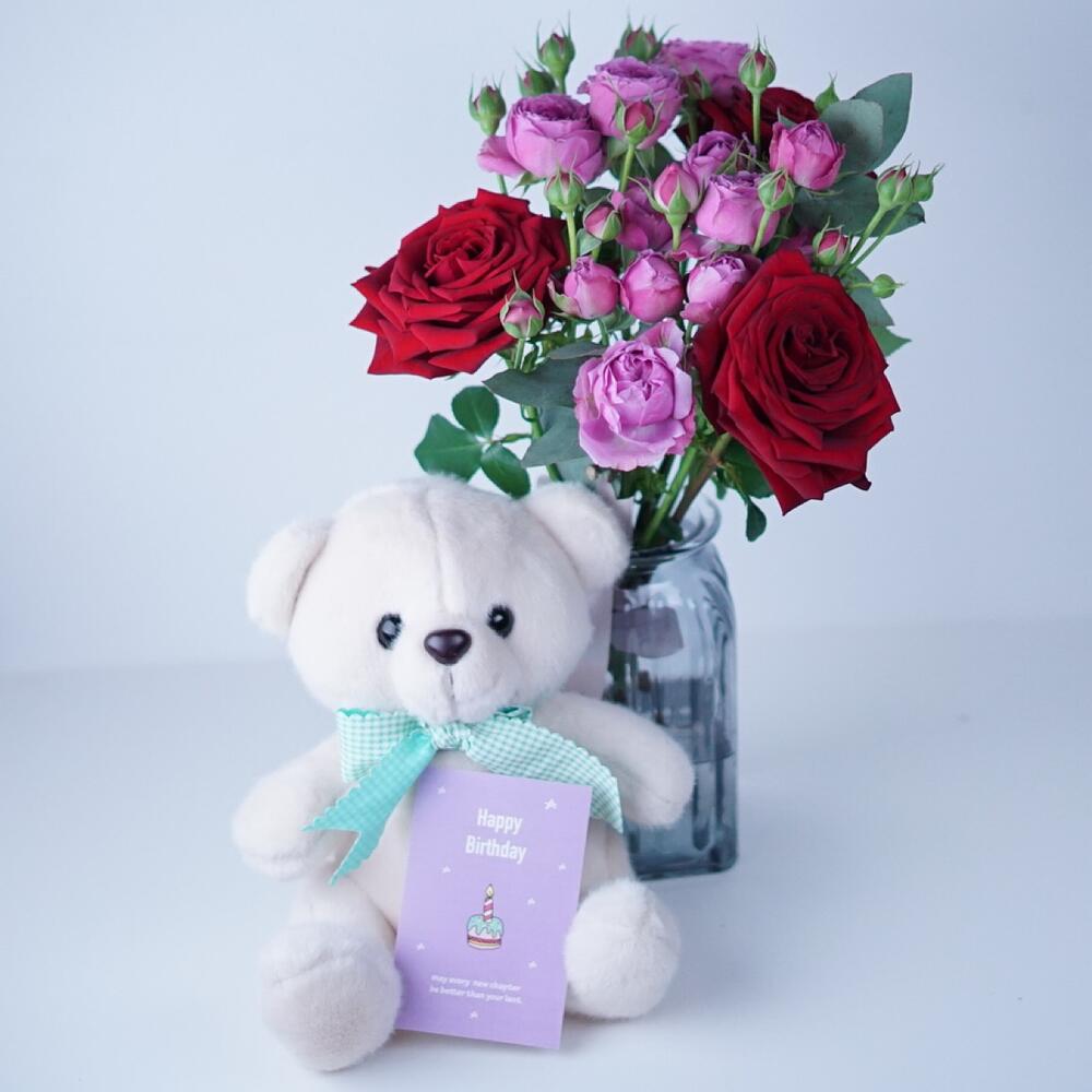 Мишка + букет + ваза + открытка